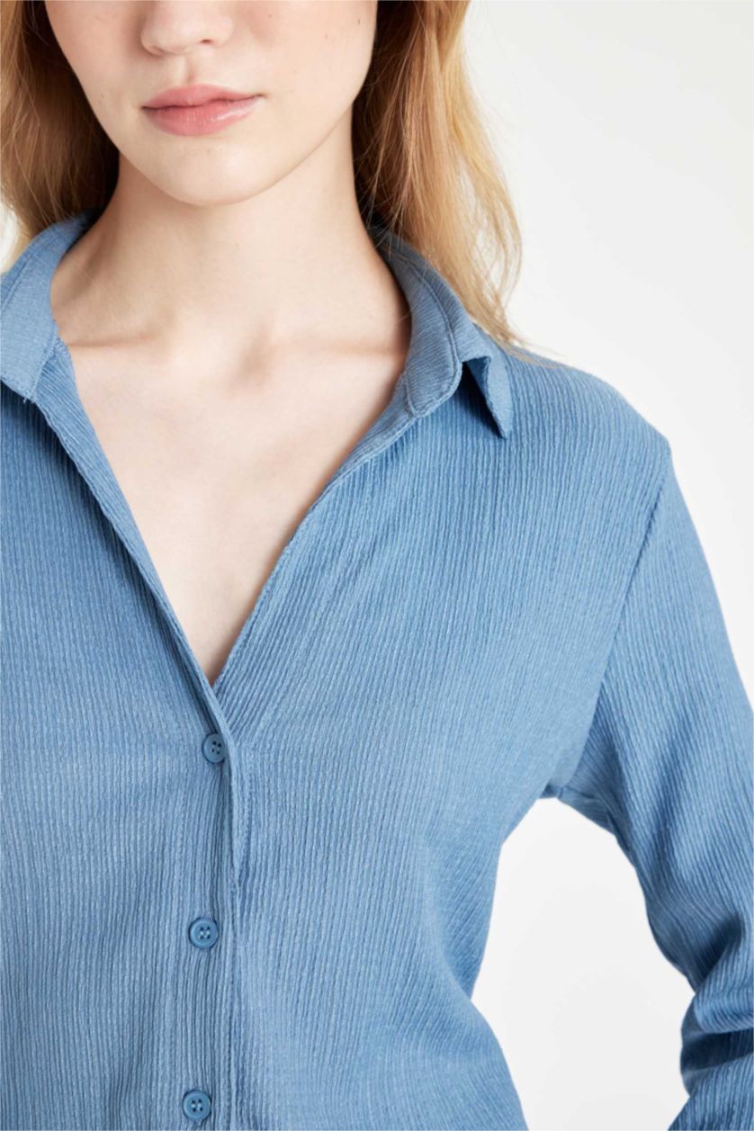 WOMAN Blue Fitted Long Sleeve Crop Shirt