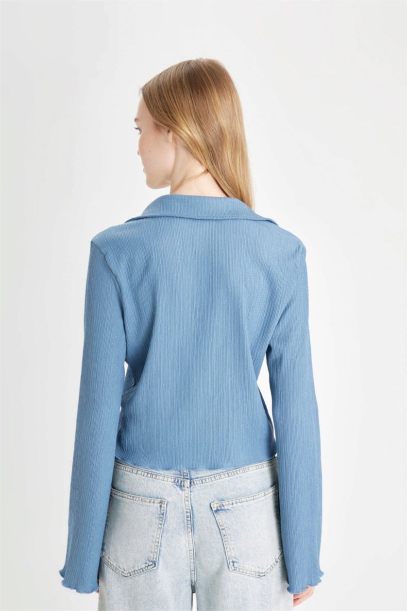 WOMAN Blue Fitted Long Sleeve Crop Shirt