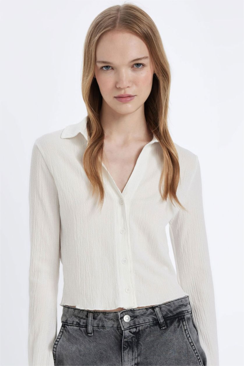 نساء اوف وايت قميص كم طويل سليم فيت