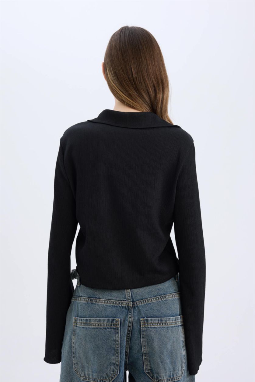 نساء أسود قميص ردن طويل منسوج مخصر