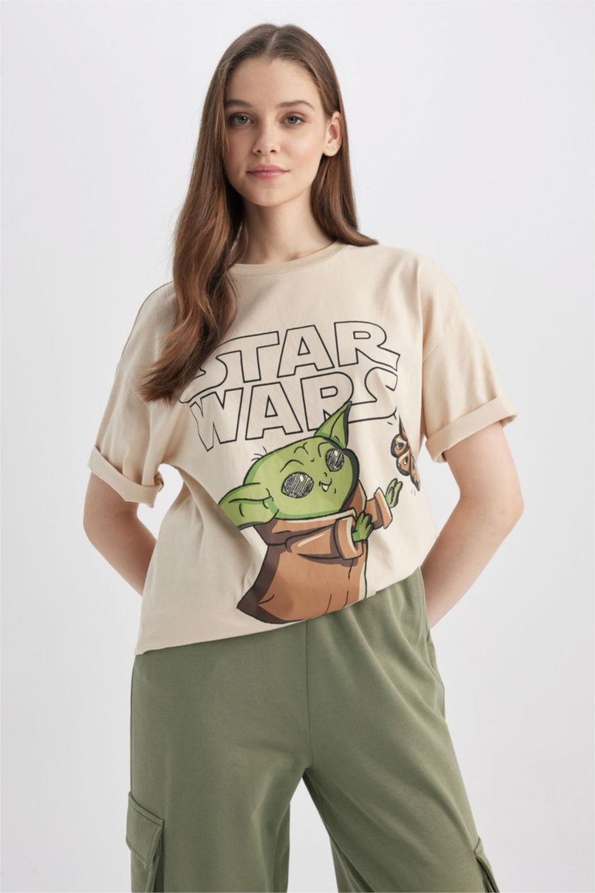 WOMAN Light Beige Coool Star Wars Oversize Fit Back Printed Short Sleeve T-Shirt