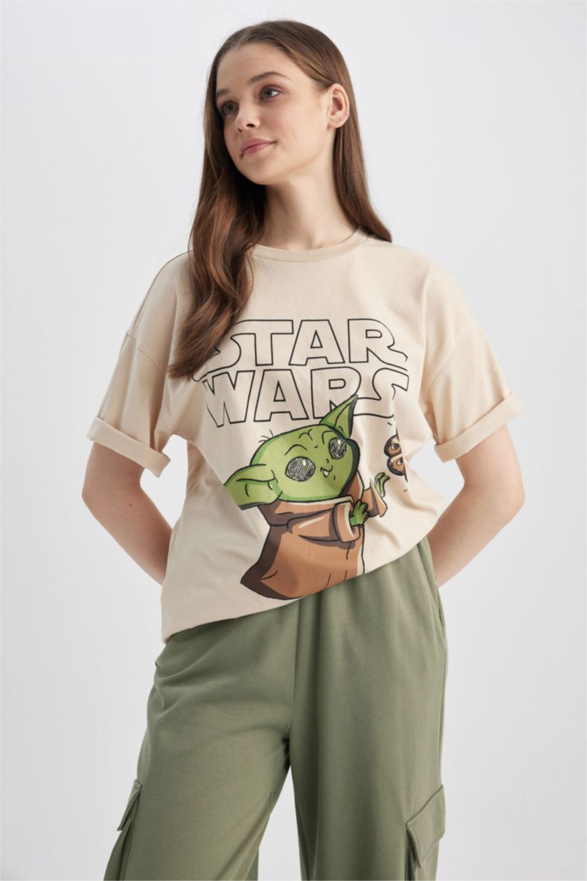 WOMAN Light Beige Coool Star Wars Oversize Fit Back Printed Short Sleeve T-Shirt
