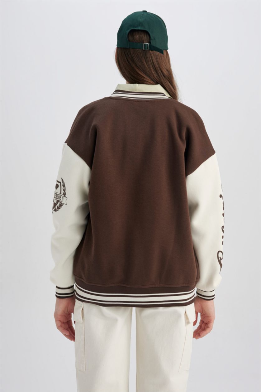 نساء بني جاكيت بومبر مطبوع اوفر سايز  بياقة مستديرة مفصل بجيب