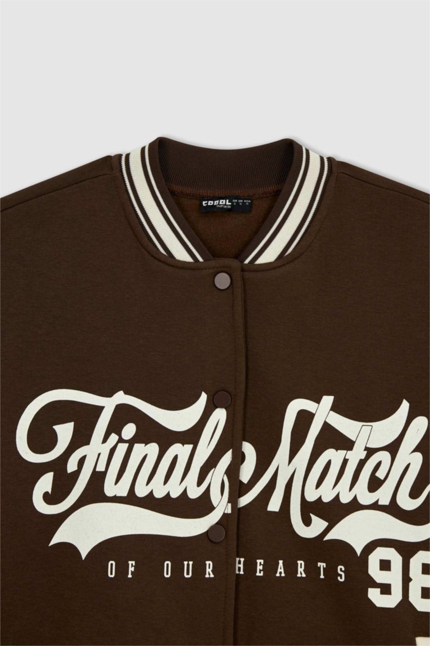 نساء بني جاكيت بومبر مطبوع اوفر سايز  بياقة مستديرة مفصل بجيب