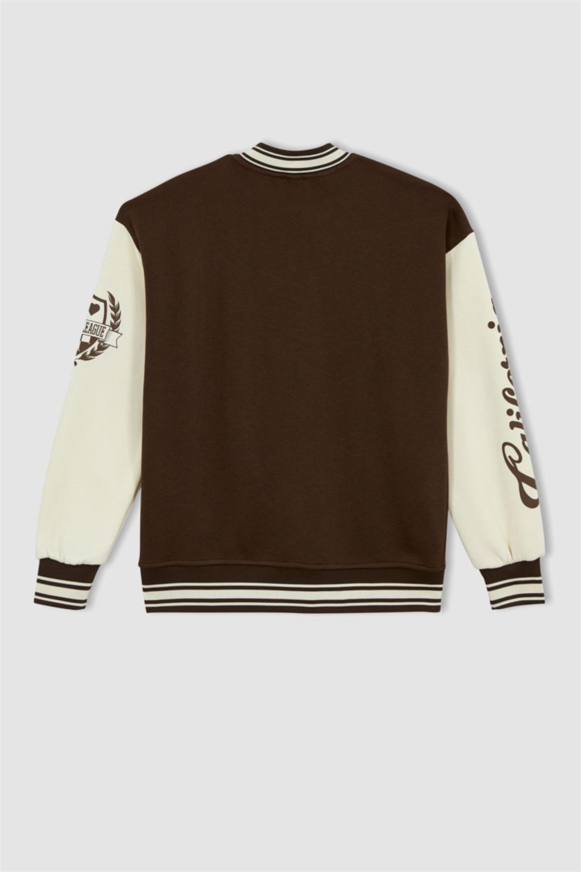 نساء بني جاكيت بومبر مطبوع اوفر سايز  بياقة مستديرة مفصل بجيب