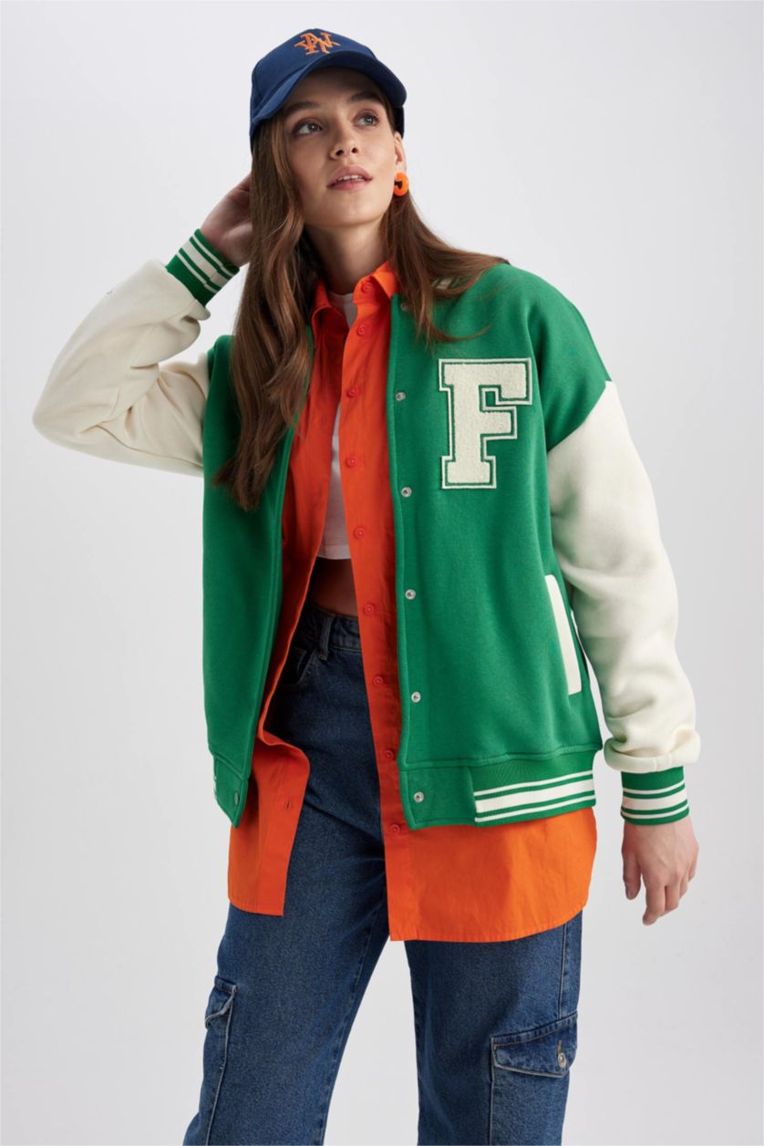 نساء أخضر جاكيت بومبر مطبوع اوفر سايز  وجيب