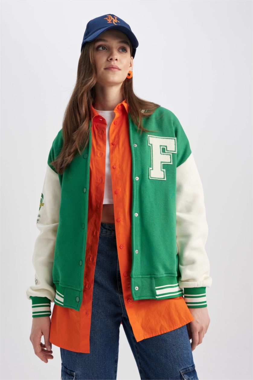 نساء أخضر جاكيت بومبر مطبوع اوفر سايز  وجيب