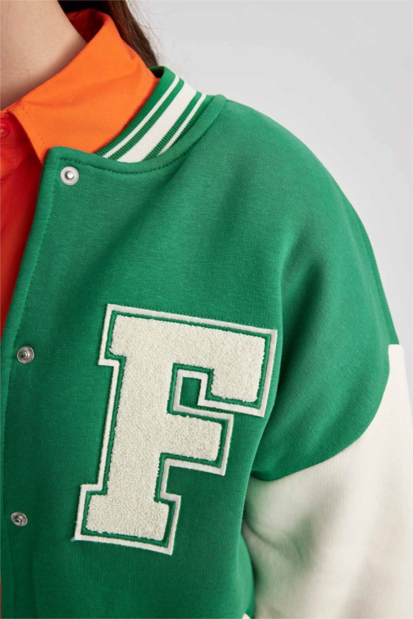 نساء أخضر جاكيت بومبر مطبوع اوفر سايز  وجيب