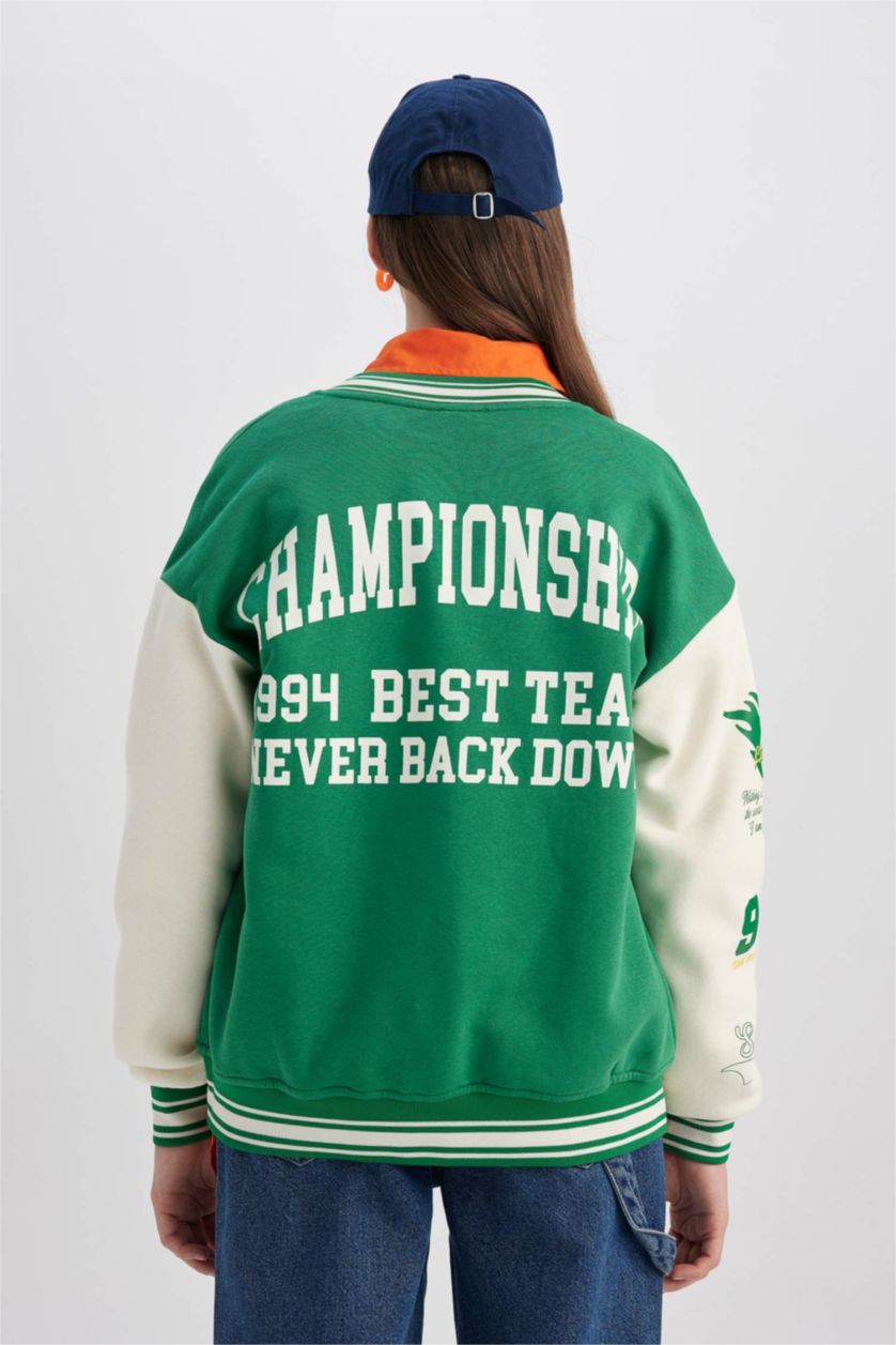 نساء أخضر جاكيت بومبر مطبوع اوفر سايز  وجيب