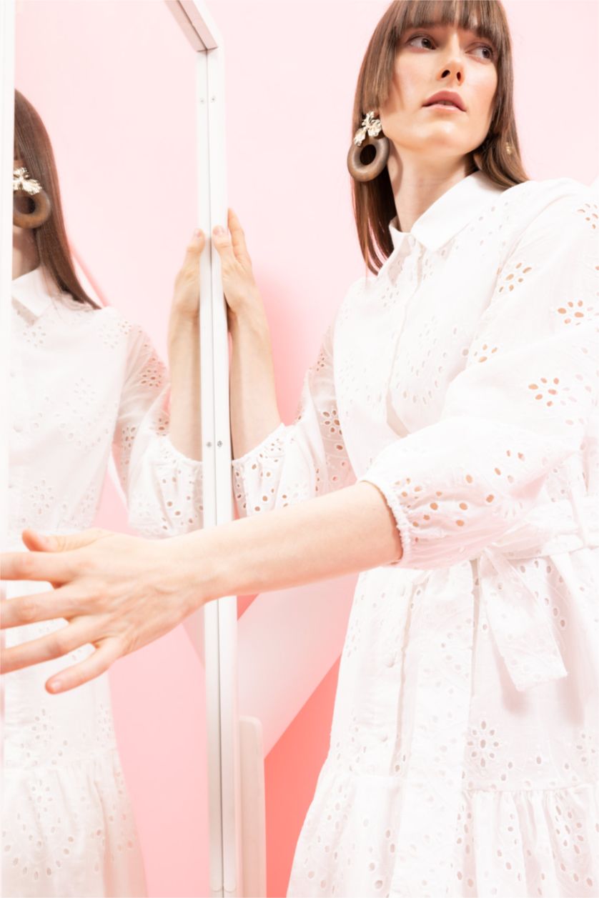 Woman White Shirt Collar Embroidered Mini Short Sleeve Dress