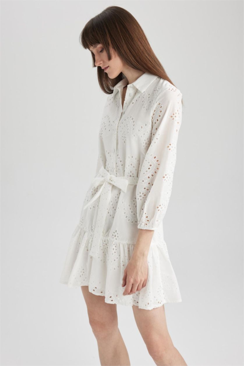 Woman White Shirt Collar Embroidered Mini Short Sleeve Dress