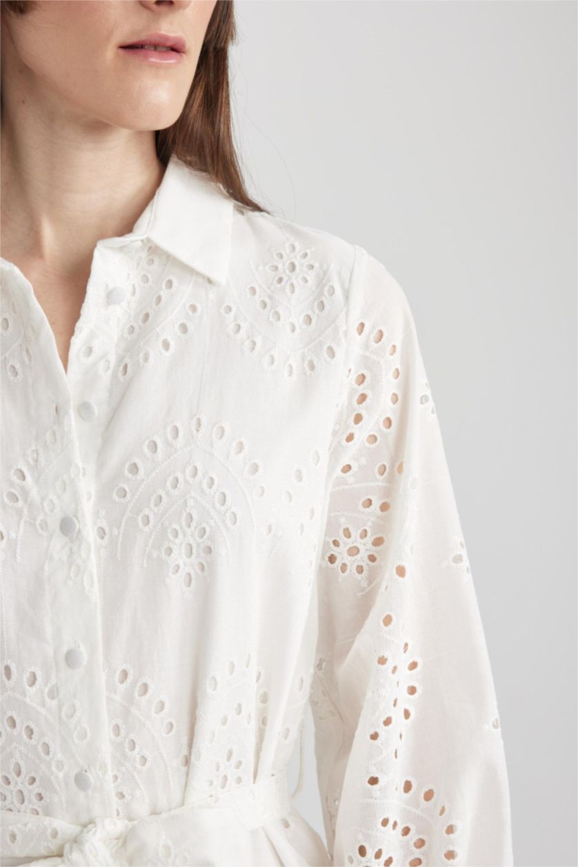 Woman White Shirt Collar Embroidered Mini Short Sleeve Dress