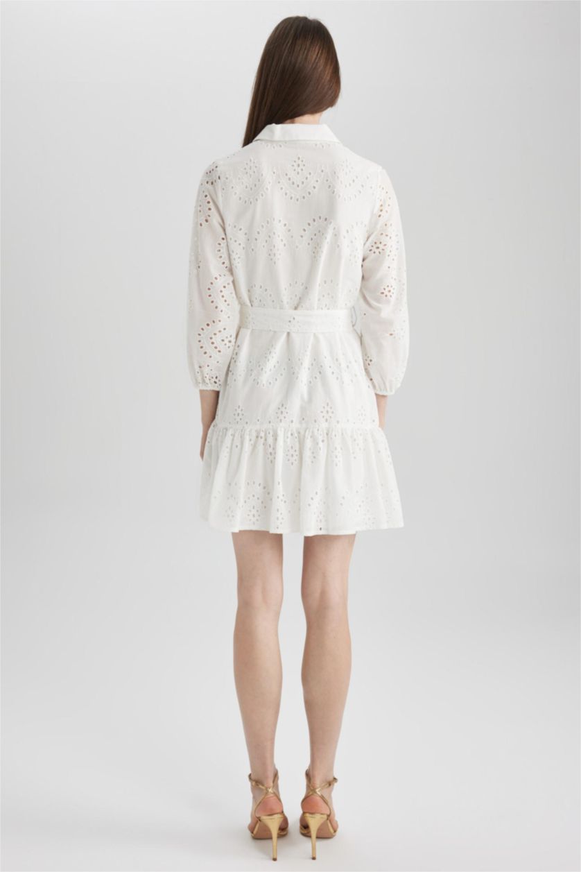 Woman White Shirt Collar Embroidered Mini Short Sleeve Dress