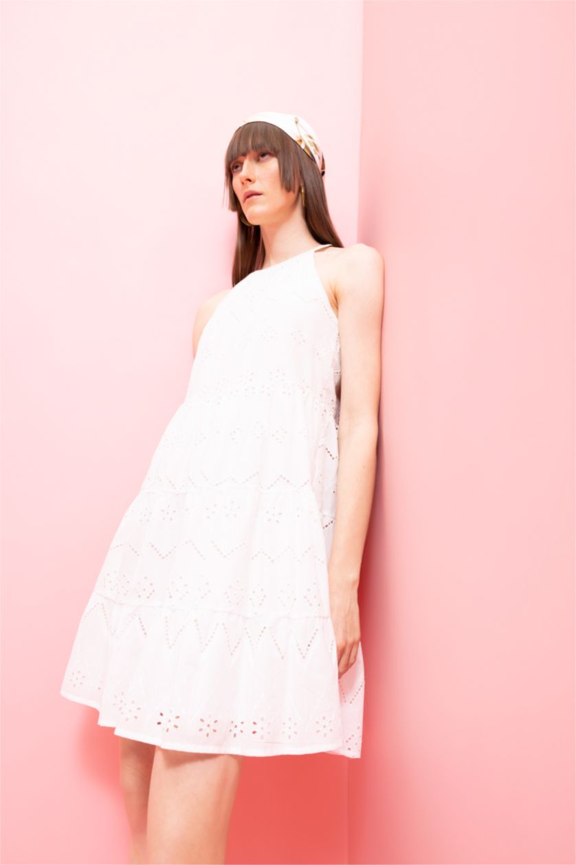 WOMAN White Halter Neck Embroidered Sleeveless Mini Ruffle Dress