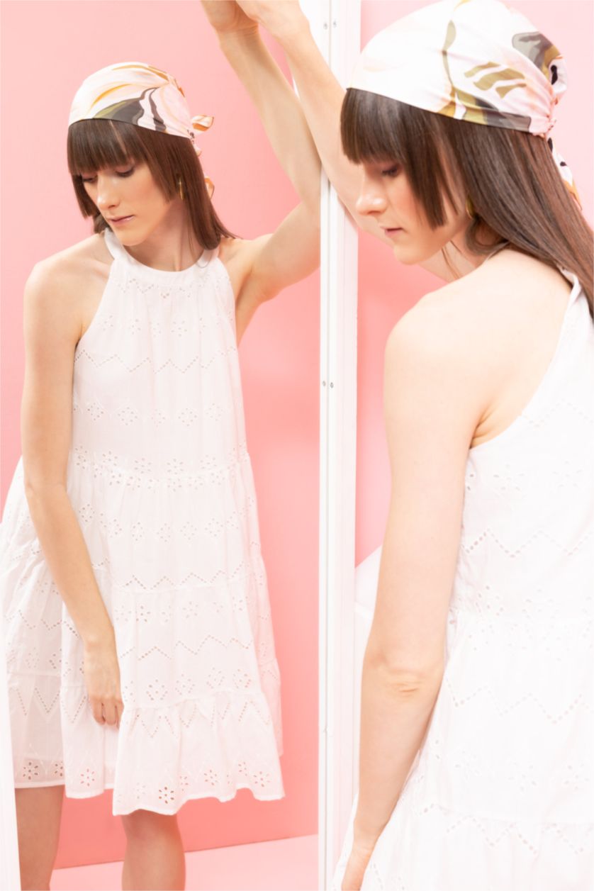 WOMAN White Halter Neck Embroidered Sleeveless Mini Ruffle Dress