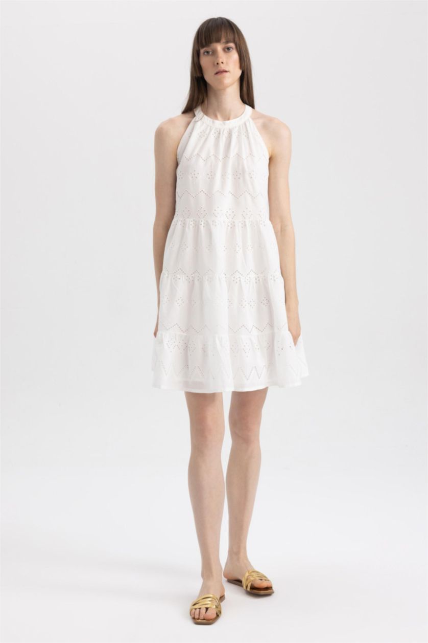 WOMAN White Halter Neck Embroidered Sleeveless Mini Ruffle Dress