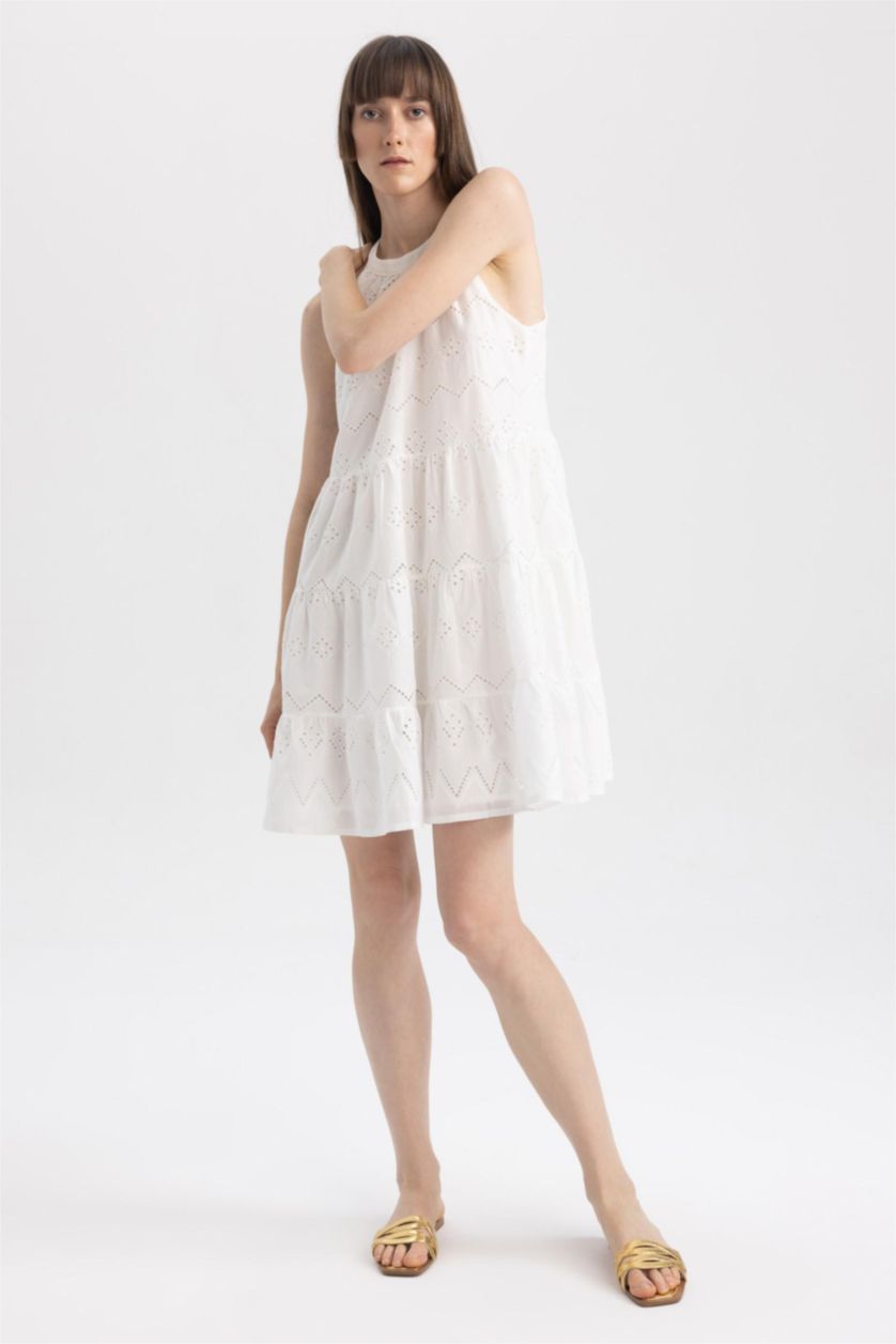 WOMAN White Halter Neck Embroidered Sleeveless Mini Ruffle Dress