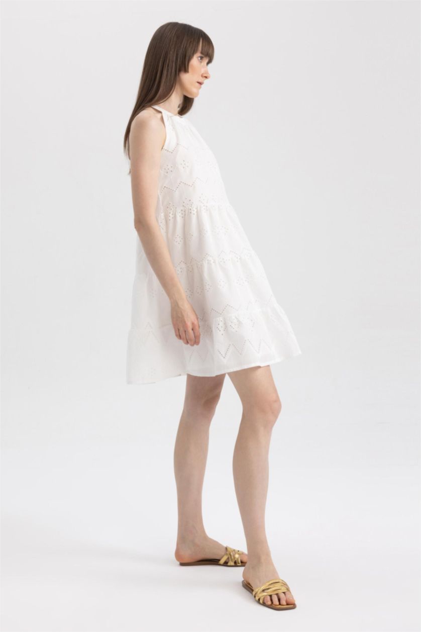 WOMAN White Halter Neck Embroidered Sleeveless Mini Ruffle Dress