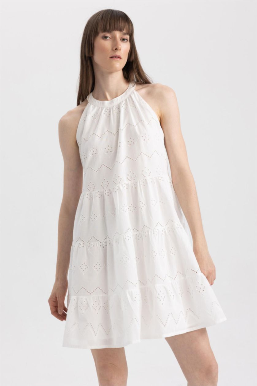 WOMAN White Halter Neck Embroidered Sleeveless Mini Ruffle Dress