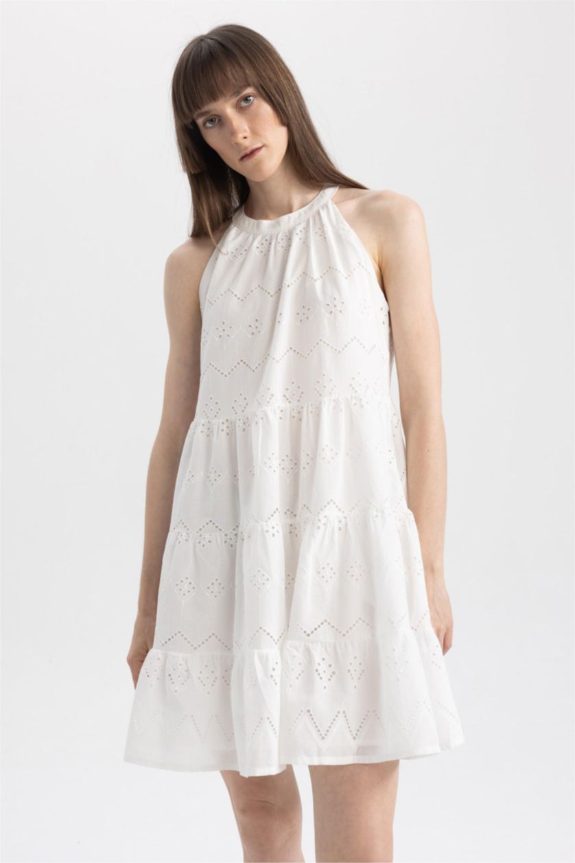 WOMAN White Halter Neck Embroidered Sleeveless Mini Ruffle Dress