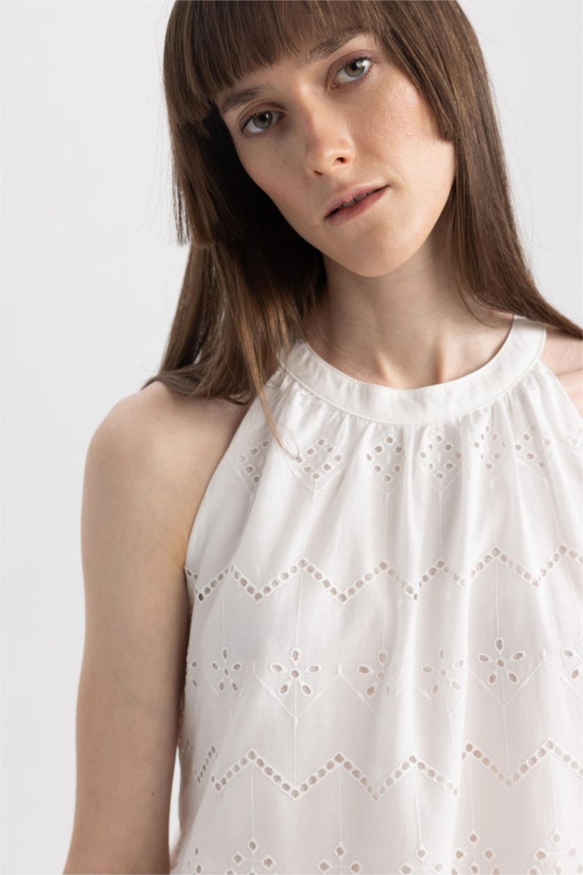 WOMAN White Halter Neck Embroidered Sleeveless Mini Ruffle Dress
