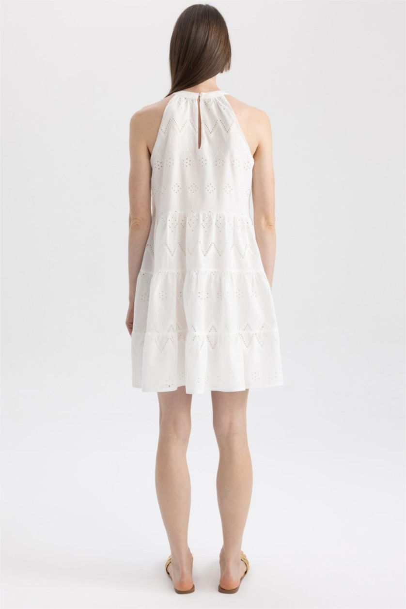 WOMAN White Halter Neck Embroidered Sleeveless Mini Ruffle Dress