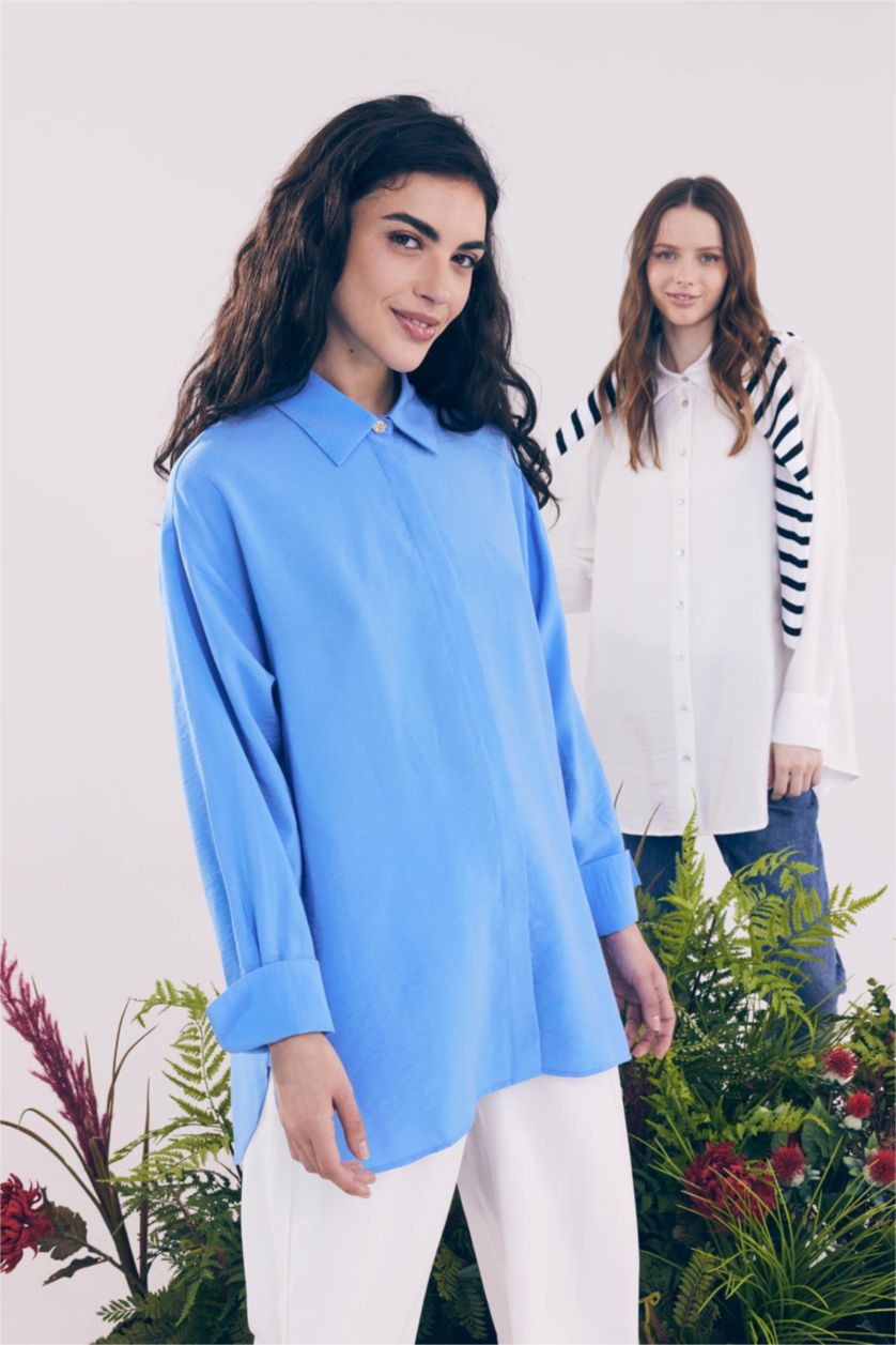 FEMME Bleu Tunique À Manches Longues Coupe décontractée Col De Chemise