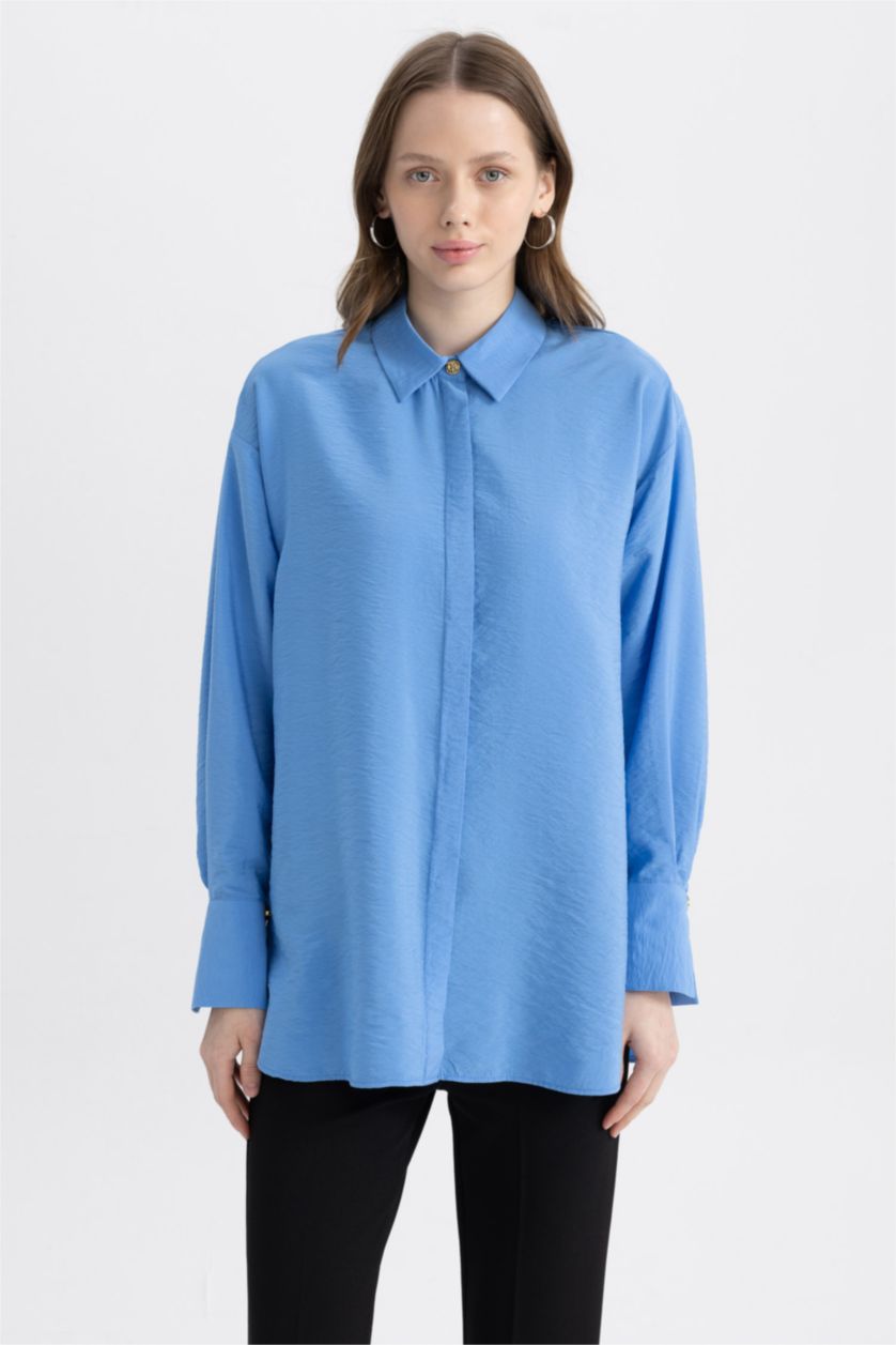 FEMME Bleu Tunique À Manches Longues Coupe décontractée Col De Chemise