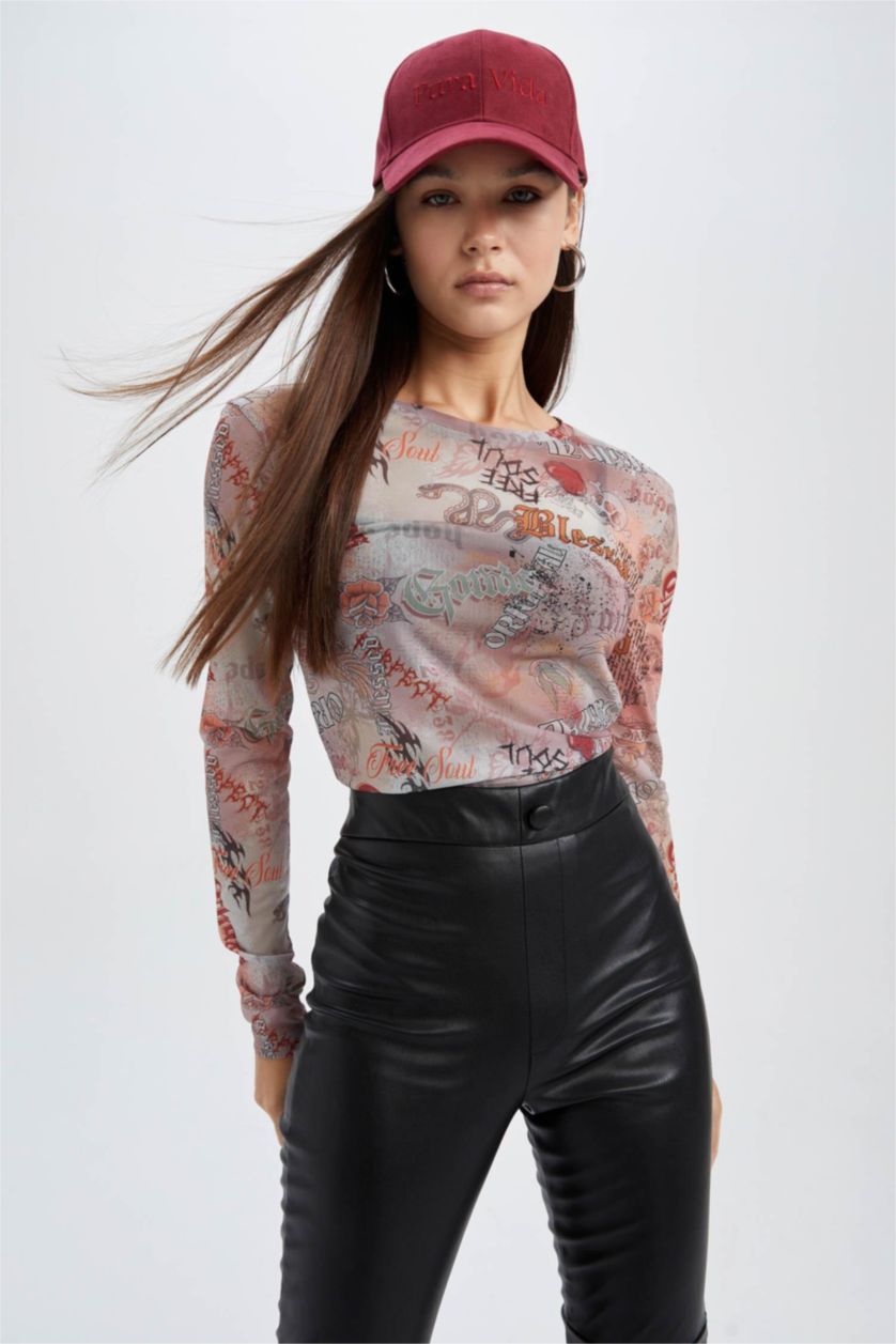 نساء رمادي فاتح تيشيرت سليم فيت وأكمام طويلة