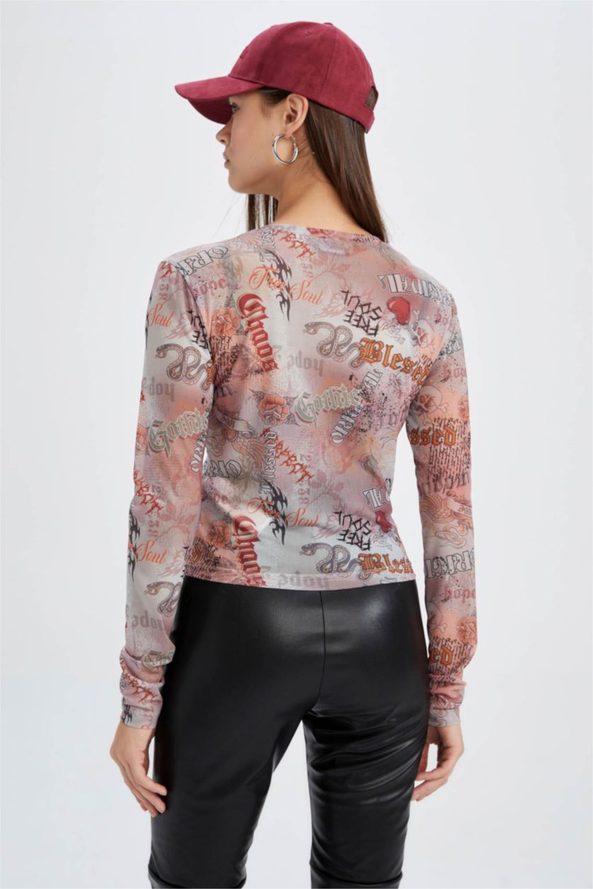 نساء رمادي فاتح تيشيرت سليم فيت وأكمام طويلة