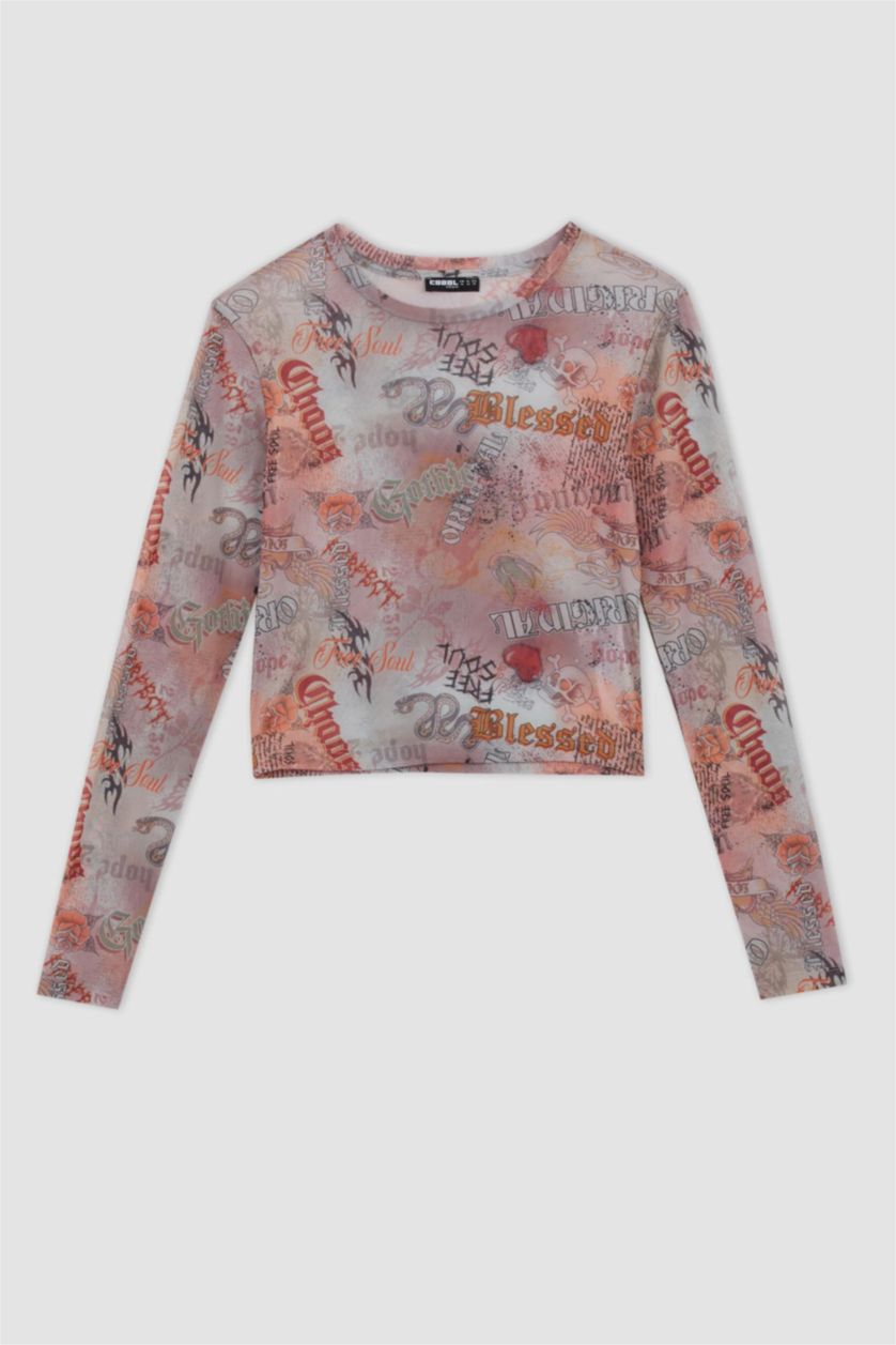 نساء رمادي فاتح تيشيرت سليم فيت وأكمام طويلة