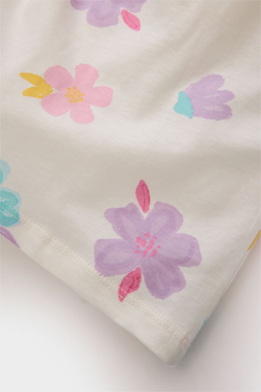 Kız Bebek Ekru Çiçek Desenli Kısa Kollu Yazlık Elbise Kız Bebek