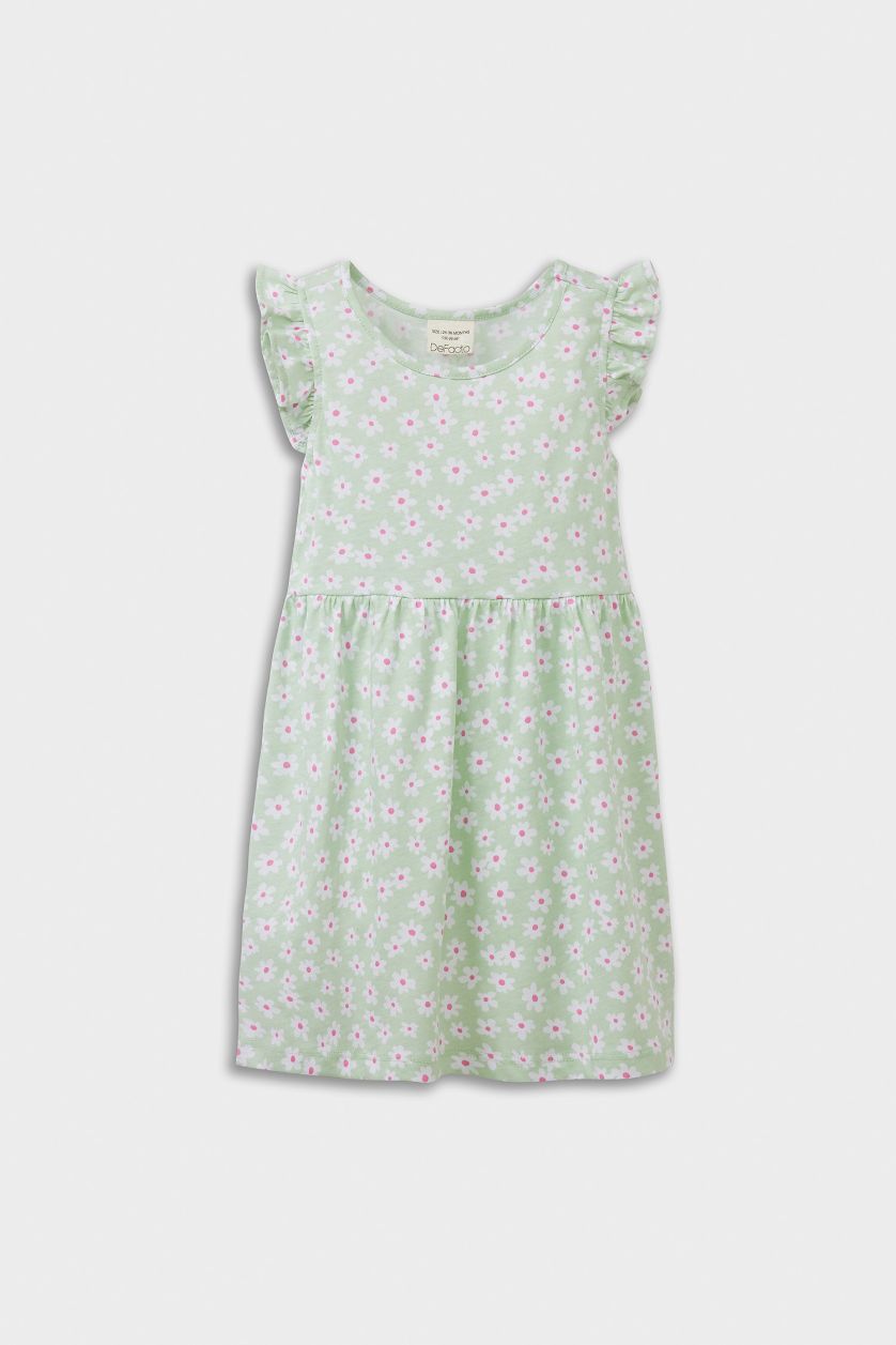 Kız Bebek Mint Çiçek Desenli Kısa Kollu Yazlık Elbise Kız Bebek