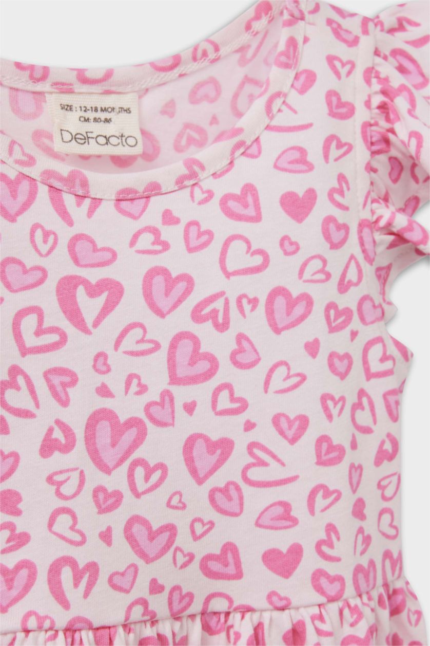 Kız Bebek Açık Pembe Kalp Desenli Kısa Kollu Yazlık Elbise Kız Bebek