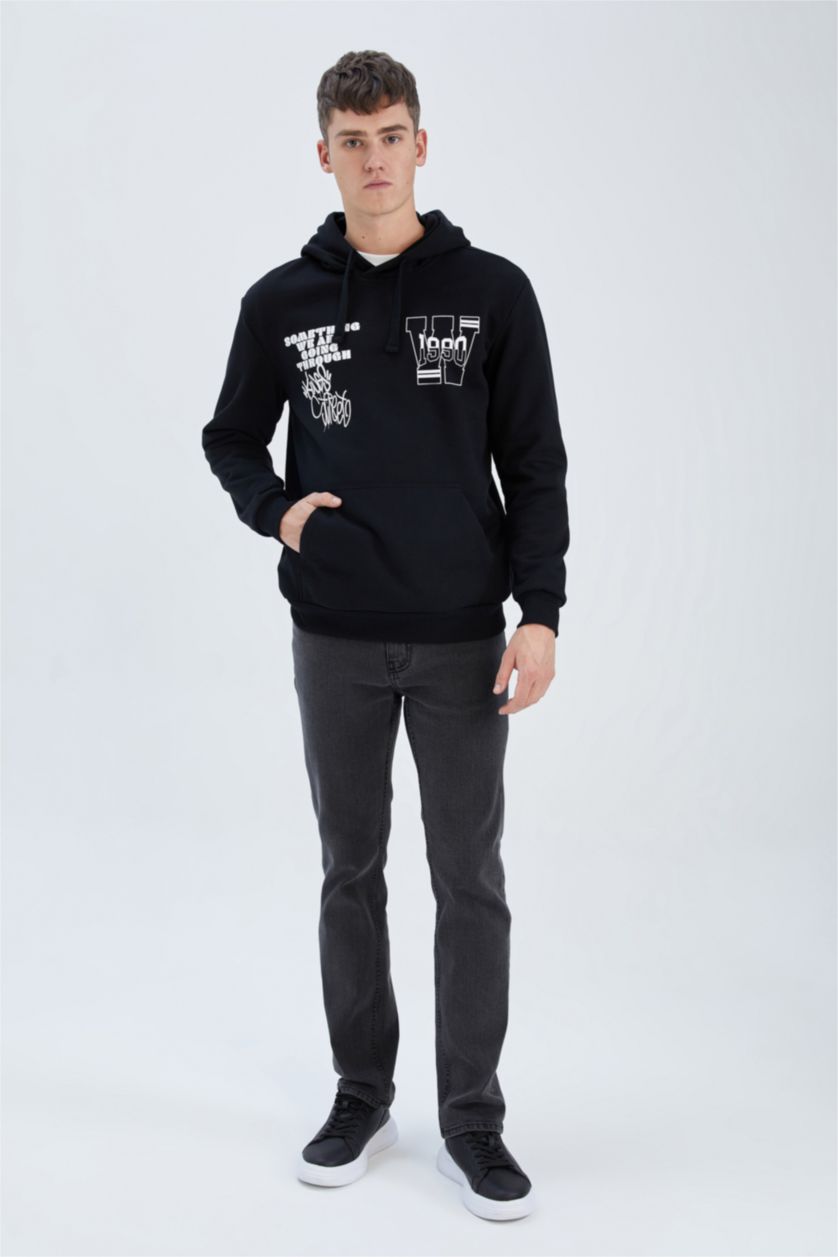 HOMME Noir Sweat À Capuche Regular Fit İmprimé