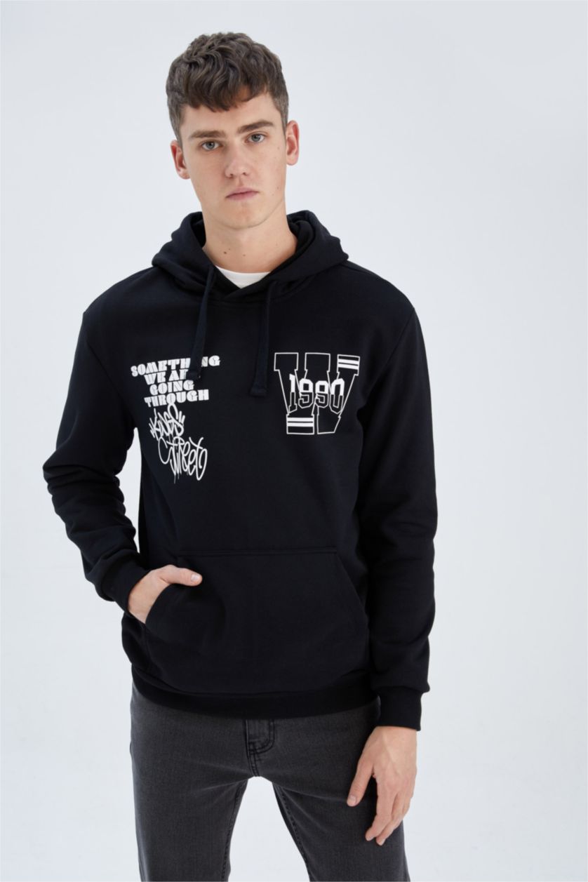HOMME Noir Sweat À Capuche Regular Fit İmprimé