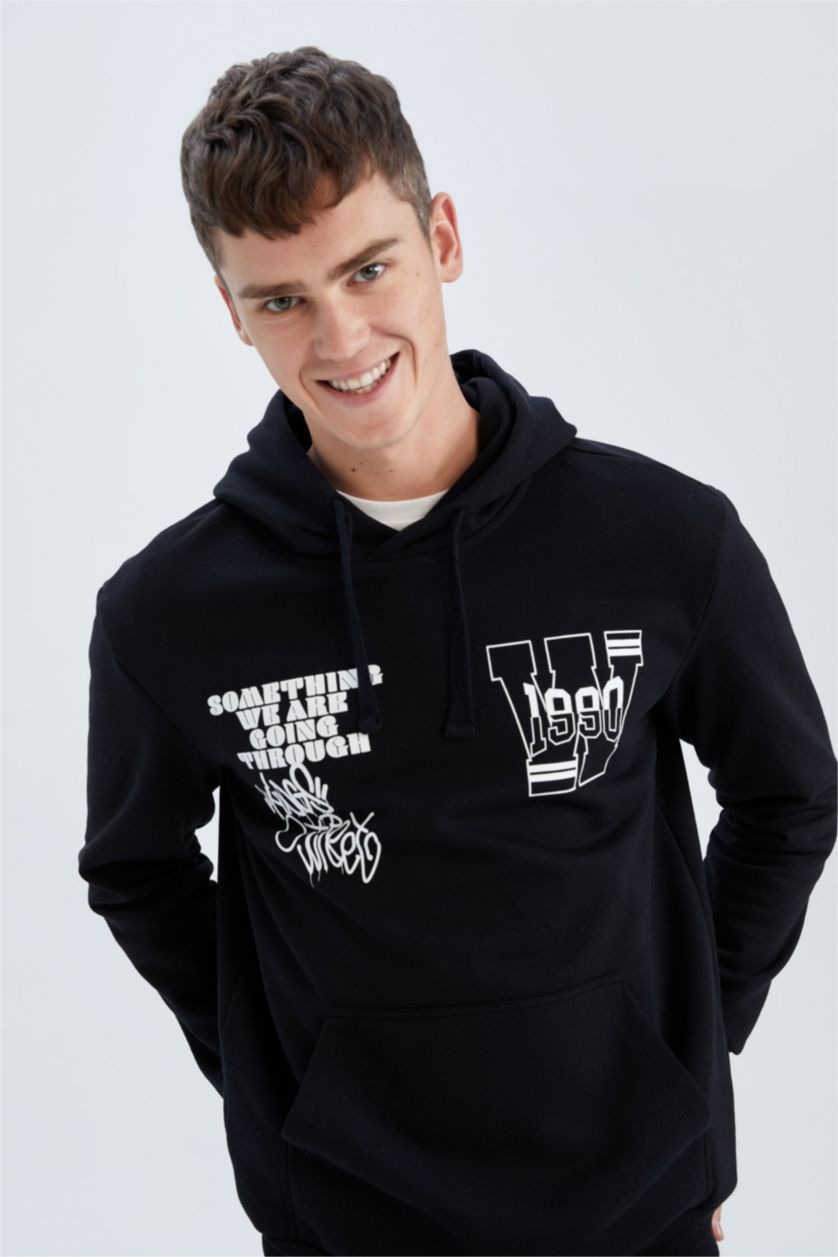 HOMME Noir Sweat À Capuche Regular Fit İmprimé