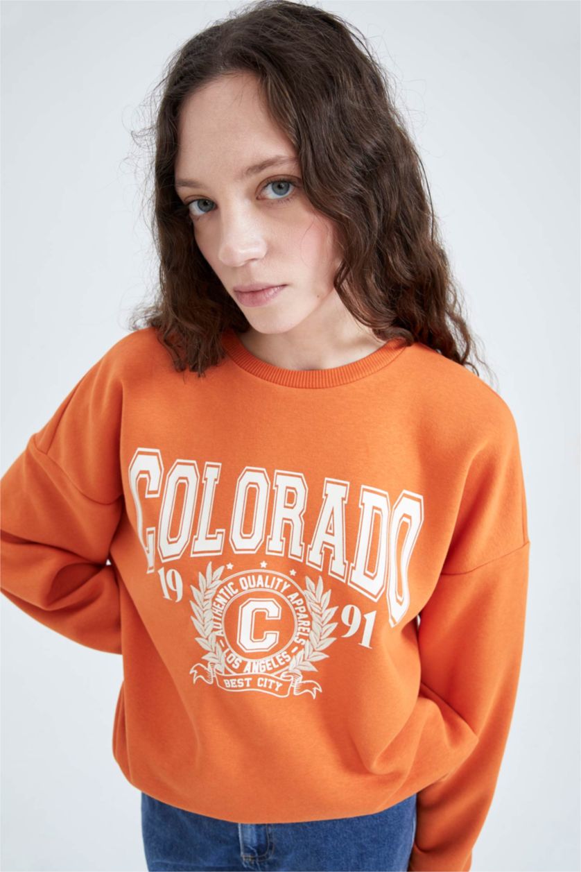 نساء برتقالي سويت شيرت اوفر سايز مطبوع بياقة مستديرة