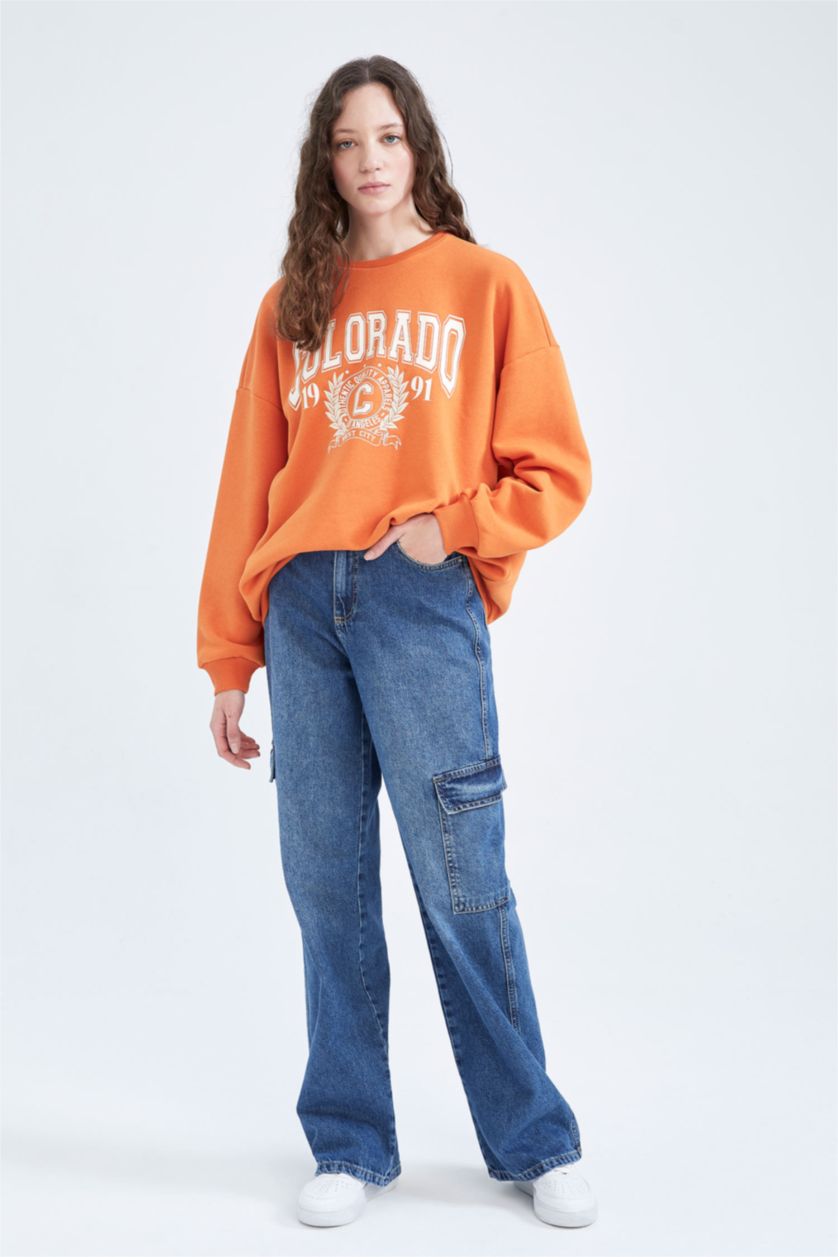 نساء برتقالي سويت شيرت اوفر سايز مطبوع بياقة مستديرة