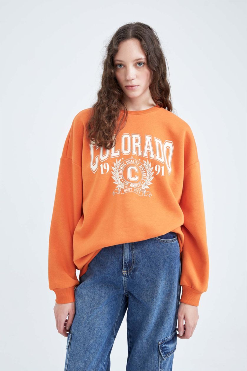 نساء برتقالي سويت شيرت اوفر سايز مطبوع بياقة مستديرة