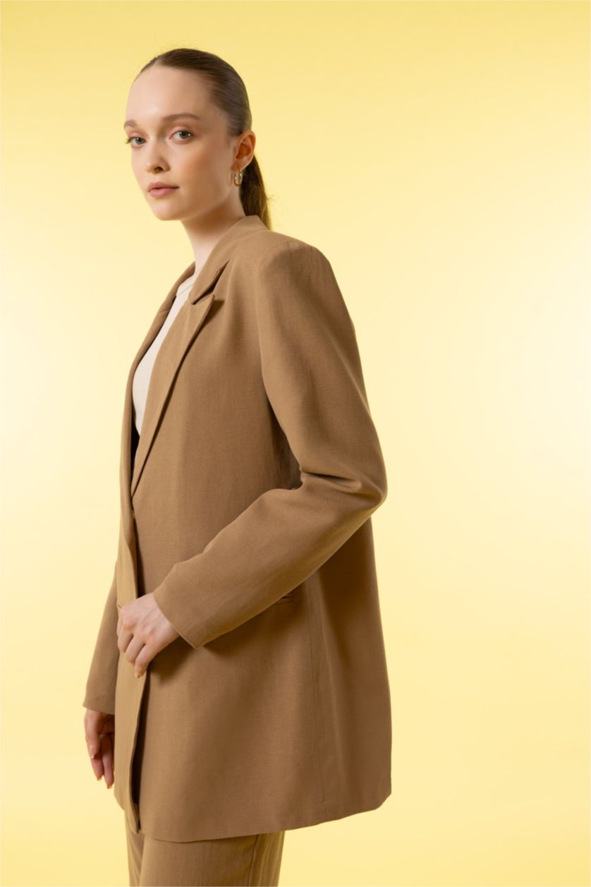 WOMAN Camel Regular Fit Jacket Collar Linen Blend Blazer