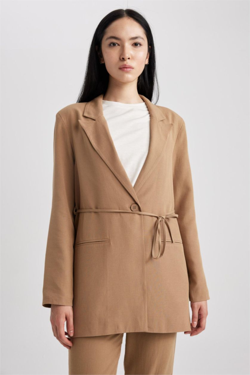 WOMAN Camel Regular Fit Jacket Collar Linen Blend Blazer