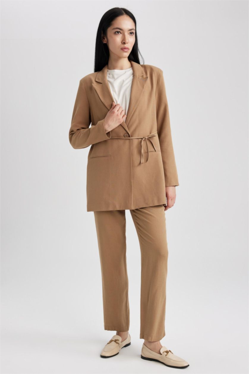 WOMAN Camel Regular Fit Jacket Collar Linen Blend Blazer