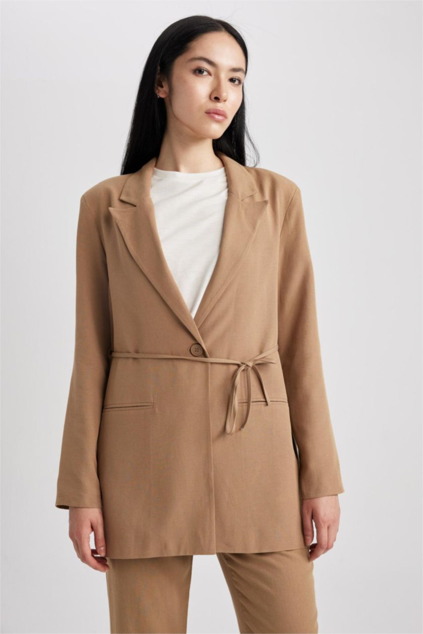 WOMAN Camel Regular Fit Jacket Collar Linen Blend Blazer