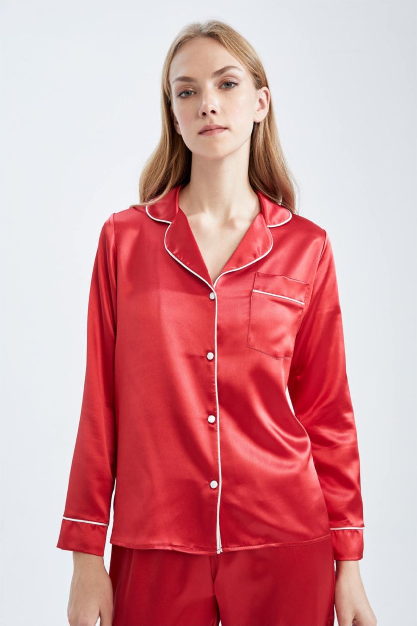 حريمي أحمر توب بيجاما ستان كم طويل قصة عادية بياقة قميص من Fall In Love