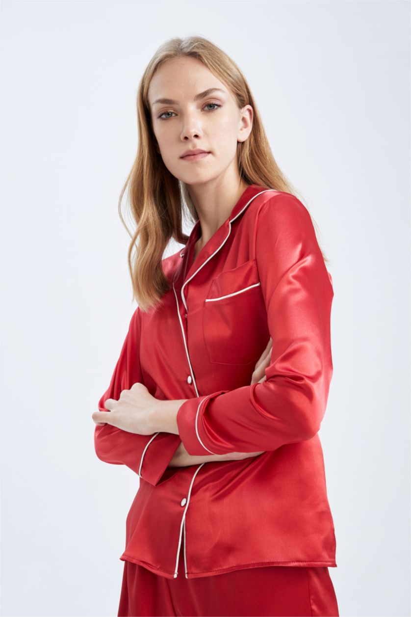 حريمي أحمر توب بيجاما ستان كم طويل قصة عادية بياقة قميص من Fall In Love