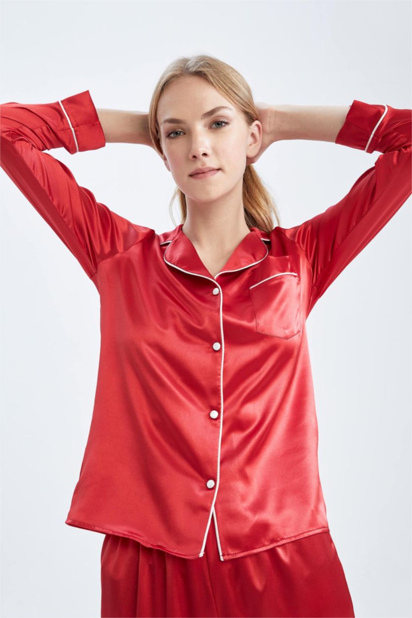 حريمي أحمر توب بيجاما ستان كم طويل قصة عادية بياقة قميص من Fall In Love