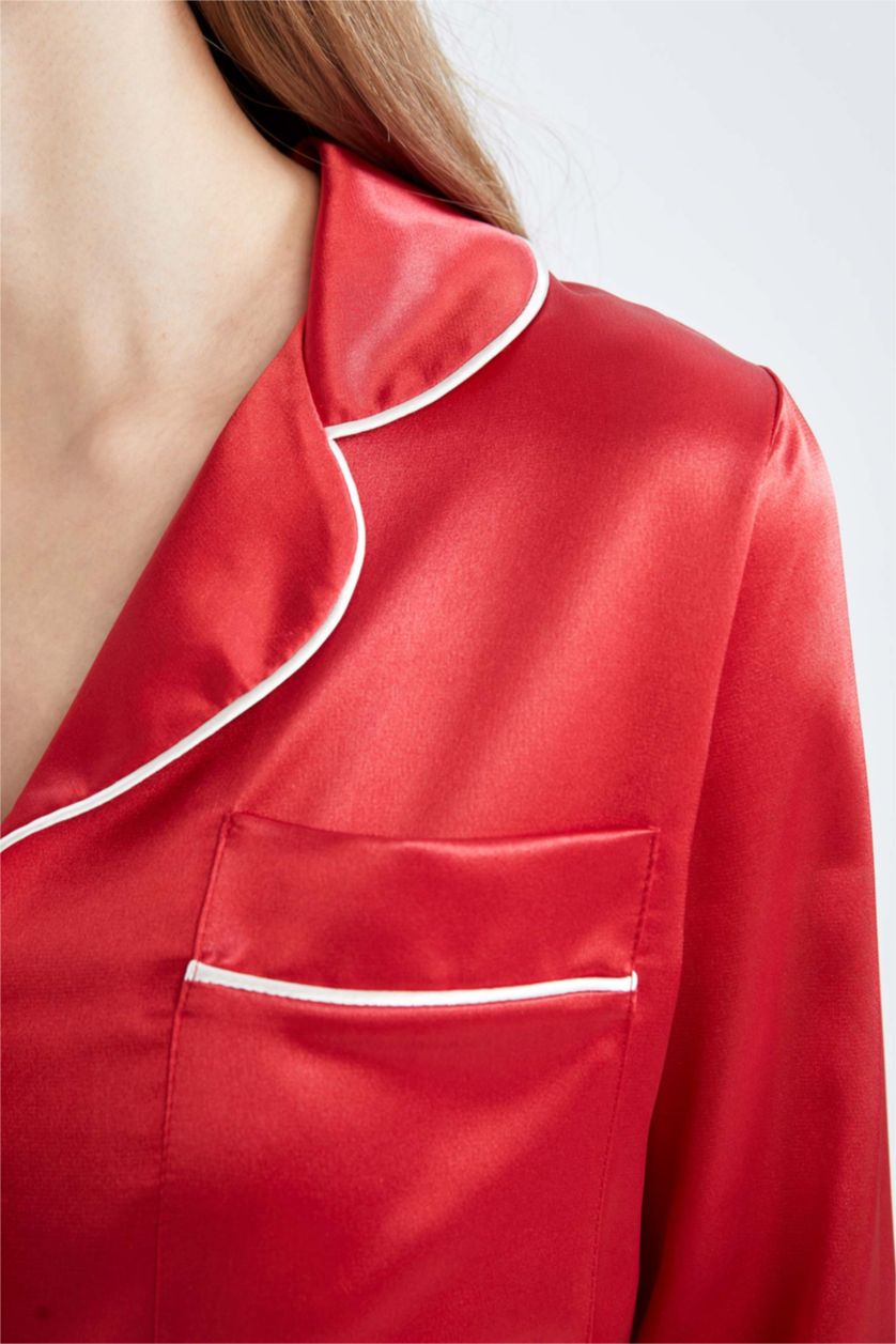 حريمي أحمر توب بيجاما ستان كم طويل قصة عادية بياقة قميص من Fall In Love