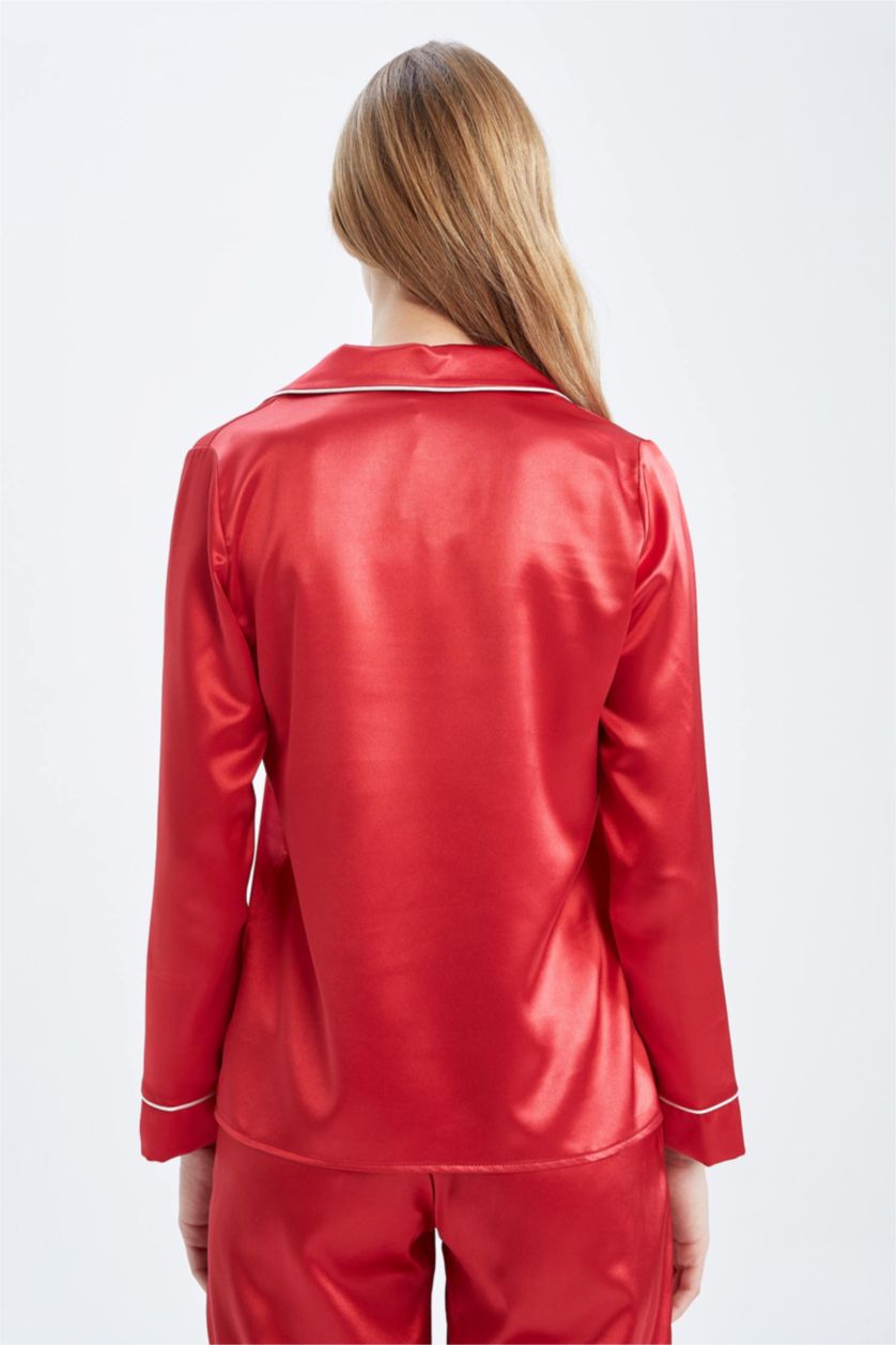 حريمي أحمر توب بيجاما ستان كم طويل قصة عادية بياقة قميص من Fall In Love