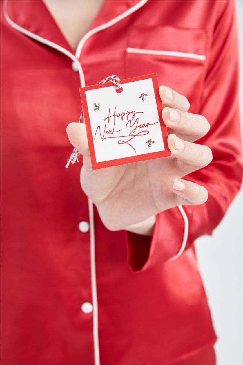 حريمي أحمر توب بيجاما ستان كم طويل قصة عادية بياقة قميص من Fall In Love